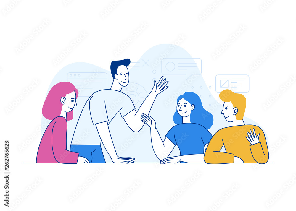 Poster vector illustration in trendy flat linear style - creative team working together - man and woman - d