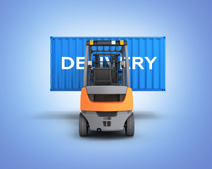 Forklift handling the cargo shipping container with an inscription delivery isolated on blue gradient background 3d render