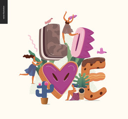 Dessert font - modern flat vector concept digital illustration of temptation font, sweet lettering and girls. Caramel, toffee, biscuit, waffle, cookie, cream and chocolate letters. Lettering Love