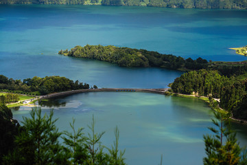 Lakes in Sete Cidades volcanic craters on San Miguel island, Azores - Portugal. .