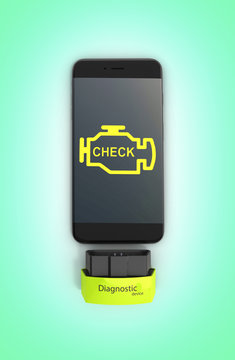 Car diagnostic concept Close up of OBD2 wireless scanner with smartphone on green gradeient background 3d illustration