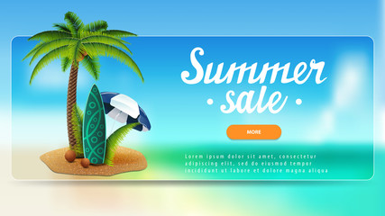 Summer sale, discount banner with lettering, button, sea landscape, palm, coconuts, beach umbrella and surf Board