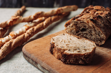 pieces of bread, quail eggs on the table top view