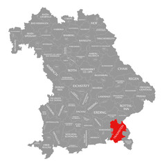 Traunstein county red highlighted in map of Bavaria Germany