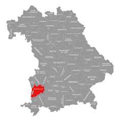 Unterallgaeu county red highlighted in map of Bavaria Germany