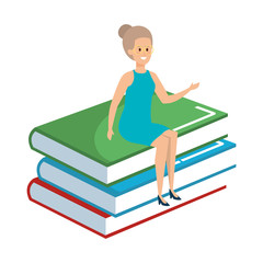 young teacher female sitting in books character