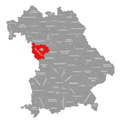 Fototapeta na wymiar Ansbach county red highlighted in map of Bavaria Germany