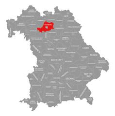 Bamberg county red highlighted in map of Bavaria Germany