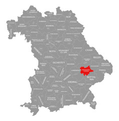 Dingolfing-Landau county red highlighted in map of Bavaria Germany