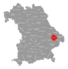 Deggendorf county red highlighted in map of Bavaria Germany