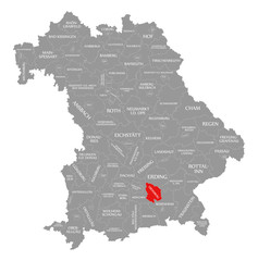 Ebersberg county red highlighted in map of Bavaria Germany