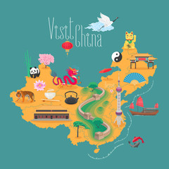 Naklejka premium Map of China vector illustration, design element. Icons with Chinese landmarks