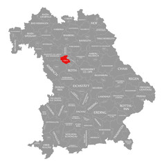 Fototapeta na wymiar Fuerth county red highlighted in map of Bavaria Germany