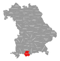 Garmisch-Partenkirchen county red highlighted in map of Bavaria Germany