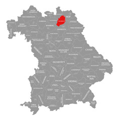Kulmbach county red highlighted in map of Bavaria Germany