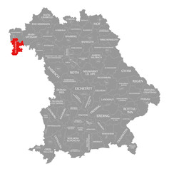 Miltenberg county red highlighted in map of Bavaria Germany