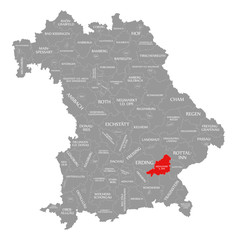 Muehldorf am Inn county red highlighted in map of Bavaria Germany