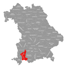Ostallgaeu county red highlighted in map of Bavaria Germany