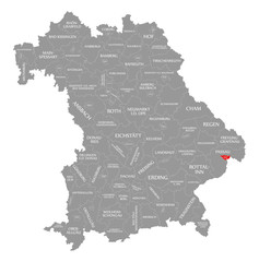 Passau city red highlighted in map of Bavaria Germany
