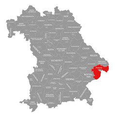 Passau county red highlighted in map of Bavaria Germany