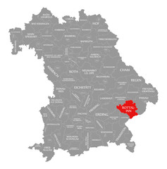 Fototapeta na wymiar Rottal-Inn county red highlighted in map of Bavaria Germany