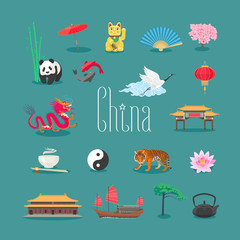 China vector icons, symbols with Chinese traditional landmarks, panda, tiger, temple