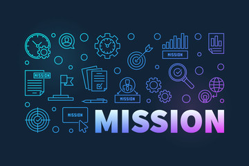 Mission horizontal colorful banner in outline style. Vector illustration on dark background