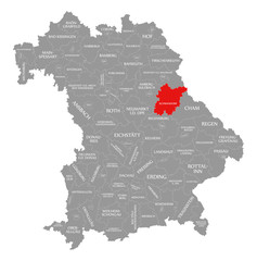 Fototapeta na wymiar Schwandorf county red highlighted in map of Bavaria Germany