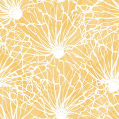 White hand drawn line art overlapping flowers textured design. Seamless vector pattern on marbled yellow background. Great for wellness, beauty, wedding products, giftwrap, stationery, packaging