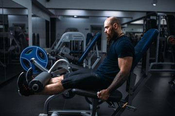 Fototapeta na wymiar Muscular athlete trains legs on exercise machine