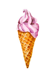 strawberry ice cream in cone isolated on white background