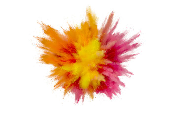Colored powder explosion on white background.. Abstract closeup dust on backdrop. Colorful explode....