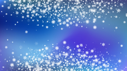 Flying snow background. Card or banner with flakes confetti scatter frame, snow elements. Festive Christmas card design. Blue base.