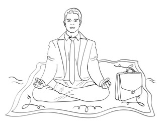 isolated object coloring, black lines, white background. Businessman on the carpet, meditation. man flies to work. Imitation of comics style. Raster