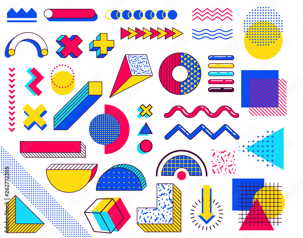 Poster set of memphis design elements. abstract 90s trends elements with multicolored simple geometric shap