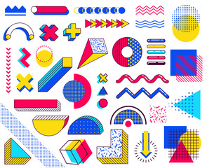 Set of memphis design elements. Abstract 90s trends elements with multicolored simple geometric shapes. Shapes with triangles, circles, lines - obrazy, fototapety, plakaty