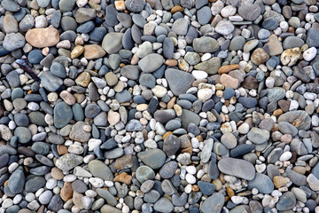 Textured pebbles on a rocky beach, from above - Powered by Adobe