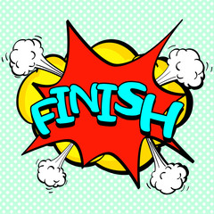 Pop art green background, text bubble. The explosion of steam, a cloud with the inscription finish. Imitation comics style.