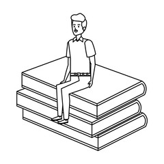young teacher male sitting in books character