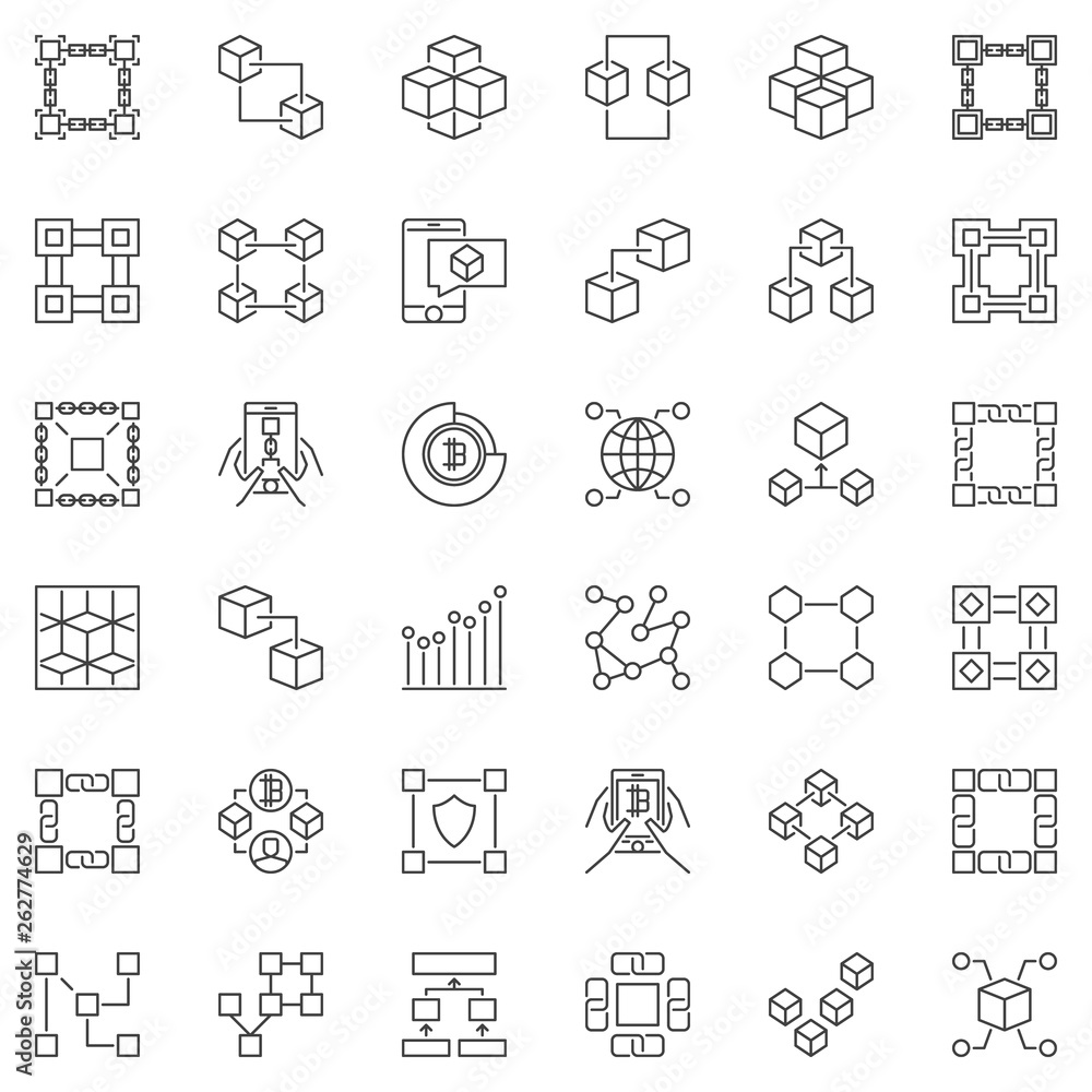 Poster set of blockchain outline vector icons - block chain concept signs or design elements in thin line s