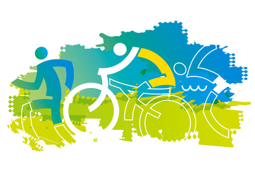  Triathlon Racers, expressive stylized. Expressive dynamic drawing Three triathlon athletes on the blue grunge background. Vector available.