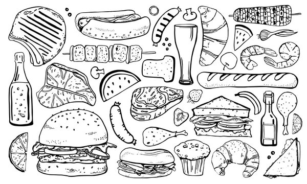 Picnic, grill and barbecue food set. Outline hand drawn vector sketch illustration isolated black on white background