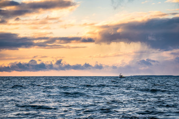 Beautiful Atlantic coastal shoreline scenery of lighthouses and lobster boats.