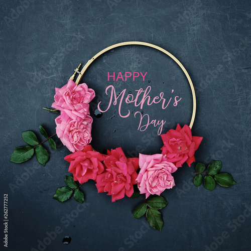 Happy Mother's Day wreath of roses on chalkboard with text for square holiday graphic.