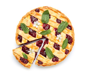 Tasty cherry pie on white background