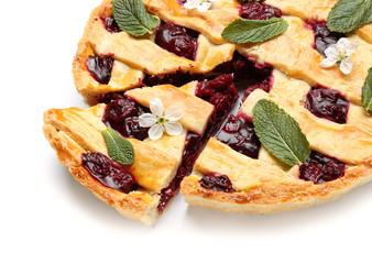 Tasty cherry pie on white background, closeup