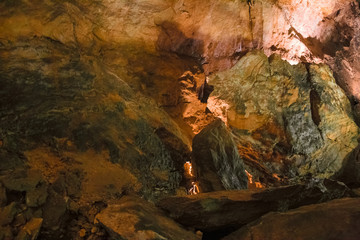 The beautiful stalactites and stalagmites and other rock formations are reflected in a small lake in the Antro del Monte Corchia cave in the Apuan Alps in Italy.