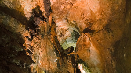 The beautiful stalactites and stalagmites and other rock formations are reflected in a small lake in the Antro del Monte Corchia cave in the Apuan Alps in Italy.
