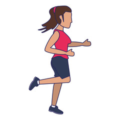 Fitness woman running sideview blue lines