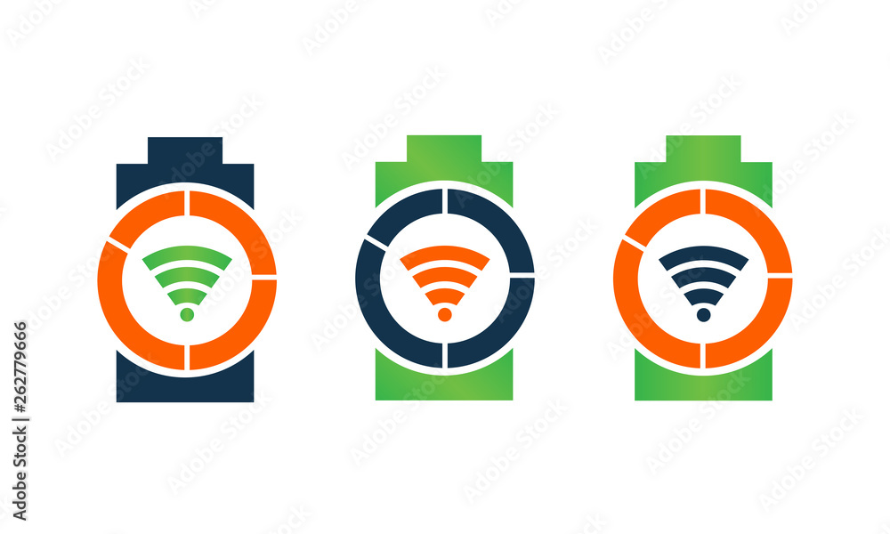 Poster battery vector with wireless connection / wifi icon. different color battery vector icon concept